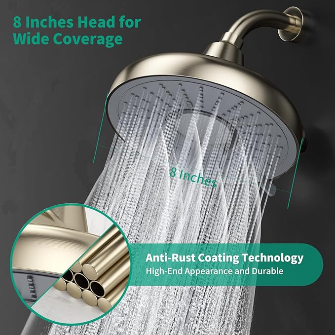 F8 Filtered Shower Head 8 Inch High Pressure 3 Rainfall Spray Modes Shower Head Filter for Hard Water, 99% Remove Chlorine, Harmful Substance, Easily Replace Cartridge, Brushed Nickel