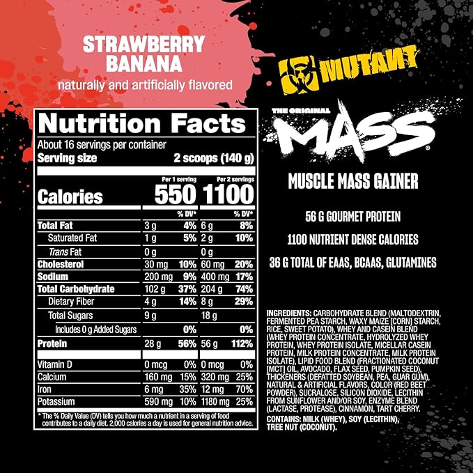 Mutant Mass | Weight Mass Gainer Protein Powder - high Calorie Protein Powder for Mass gain - Strawberry Banana - 5 Pound