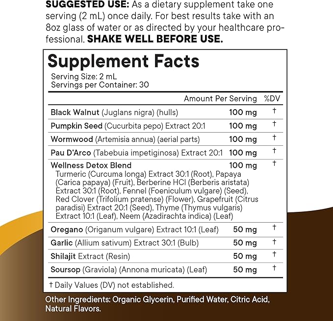 Black Walnut Wormwood Cleanse Drops - Liquid Soursop, Garlic, Pumpkin Seed, PAU D'Arco, Oil of Oregano, Turmeric, Berberine, Neem Extract, Hull Bark, Tincture - 8oz