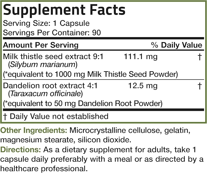 Bronson Milk Thistle Silymarin Marianum & Dandelion Root Liver Health Support, Antioxidant Support, Detox, 90 Capsules