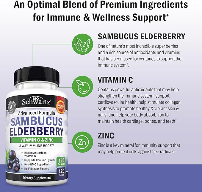 BioSchwartz Elderberry Capsules with Zinc and Vitamin C for Adults - Immune Support Vitamins for Women and Men - Black Sambucus Elderberry Vitamin C and Zinc - Multiminerals Supplement, 120 Count
