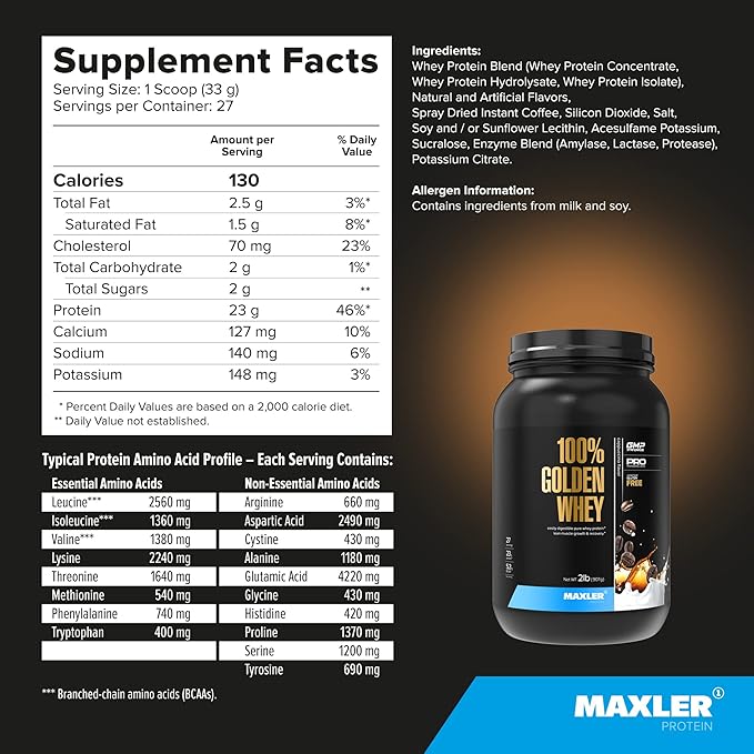 Maxler 100% Golden Whey Protein - 23g of Protein per Serving - Premium Whey Protein Powder for Pre Post Workout - Fast-Absorbing Whey Concentrate, Isolate & Hydrolysate Blend - Cappuccino 2 lb