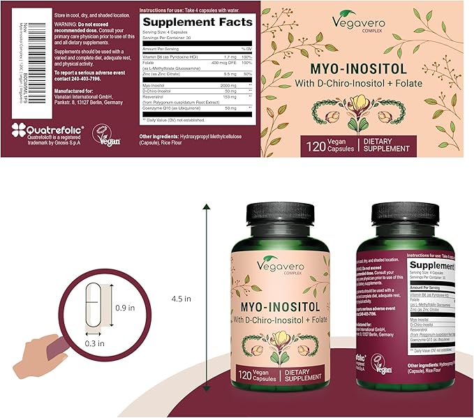 Myo-Inositol & D-Chiro Inositol | Hormone Balance & Ovarian Support | with Folate, Resveratrol, CoQ10 | 40:1 Ratio | Lab-Tested | 120 Caps | Vegan