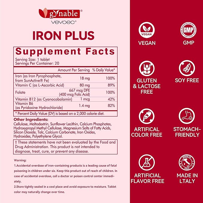 Gentle Iron Supplement for Women Anemia: Slow Release Iron Pills Clinically Shown to Support Increase Iron for Pregnant Patented SunActive Tech, with Folic Acid, B12, Vitamin C & B6, 18 mg, 20 Tablets