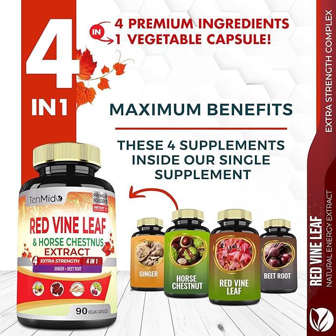 Red Vine Leaf Extract Capsules - with Horse Chestnut, Beet Root, Ginger - Herbal Supplement for Heart, Leg Vein & Energy - 90 Vegan Capsules for 45 Days
