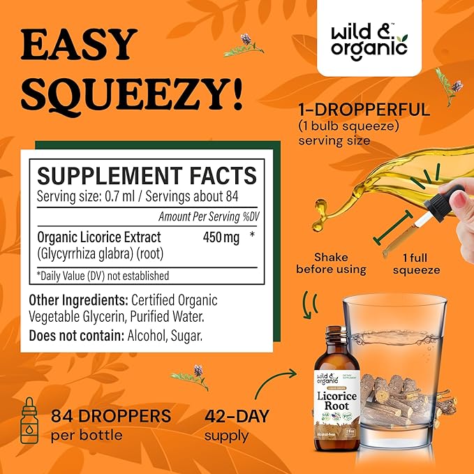 Wild & Organic Licorice Tincture - Digestive Support - Pure Licorice Root Extract Drops - Glycyrrhiza Glabra - Vegan, Sugar & Alcohol-Free Supplement - 2 fl oz