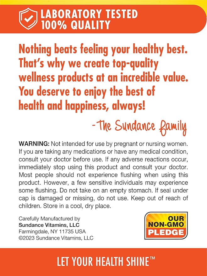 Sundance Flush Free Niacin 500 mg | 50 Capsules | Inositol Hexanicotinate | Essential Vitamin | Non-GMO & Gluten Free Supplement