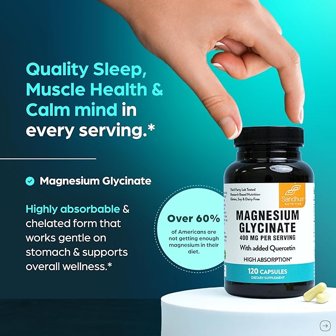 Sandhu's Magnesium Glycinate 400mg Capsules with Quercetin | Quality Sleep, Relaxation, Muscle Health & Immune Support | 120 Count (Pack of 1) | Easy to Swallow | for Women and Men