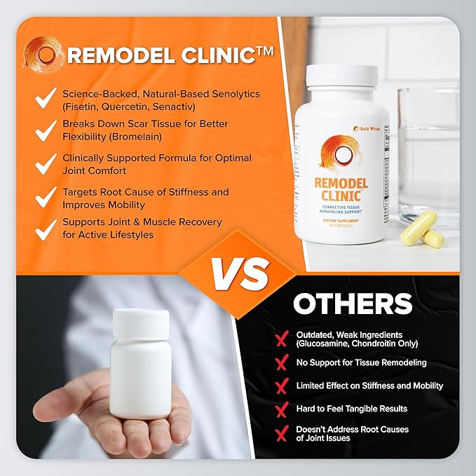 SaltWrap Remodel Clinic - Joint Remodeling Supplement for Senescent Cell Removal and Scar Tissue - Improve Mobility, Reduce Connective Tissue Stiffness - Fisetin, Quercetin, Bromelain - 60 Capsules