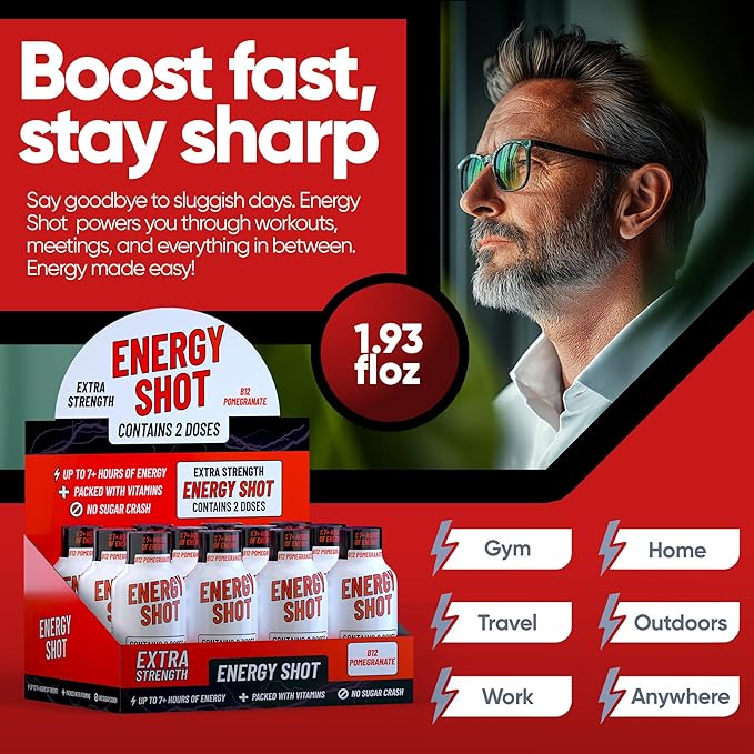 Energy Shot – 2 Servings – 100% DV B-Vitamins & 130mg Plant-Based Caffeine – Zero Calories, Sugar-Free, Vegan, Non-GMO – Energy & Productivity Support (1.93 Fl Oz (Pack of 24), Pomegranate)