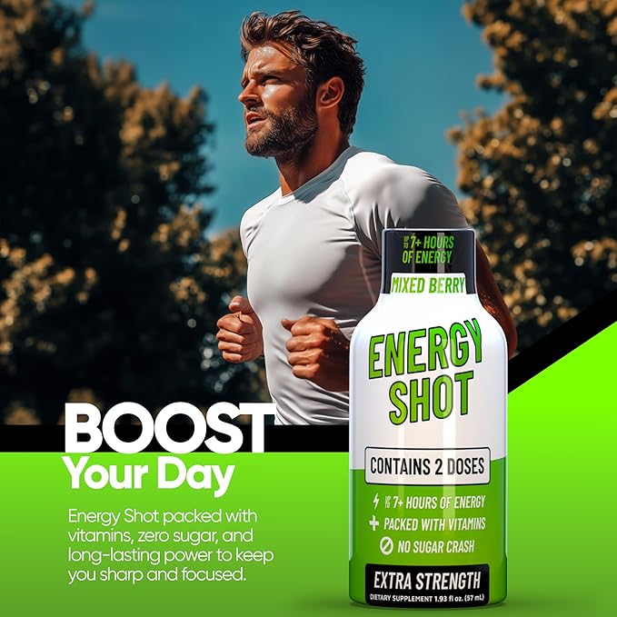 Mixed Berry Extra Strength Energy Shot 12 pk – 260mg Natural Caffeine B12 B6 – Energy & Focus Support – 2 Servings Sugar Free Zero Calorie Green Tea B-Vitamins Electrolytes Vegan – 1.93 fl oz