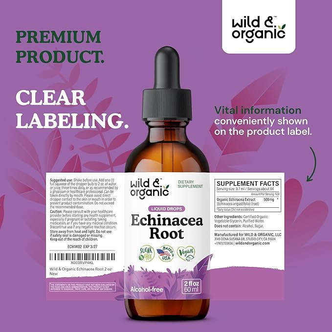Wild & Organic Echinacea Tincture - Immune Support Drops with Liquid Echinacea Root Extract - Angustifolia Supplements - Vegan, Sugar & Alcohol-Free - 2 fl oz
