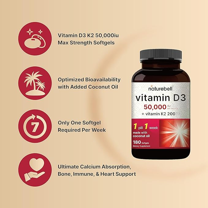 NatureBell Vitamin D3 50,000 IU + K2 200 mcg, 180 Softgels | Once-Weekly Formula with Coconut Oil | Max Strength Bone, Heart & Immune Support | MK-7 Form | Non-GMO