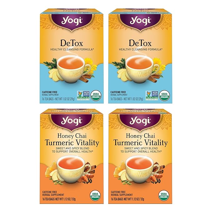 Yogi Tea DeTox and Wellness Variety Pack 4pk - 16 Bags per Pack (4 Pack) - Organic Herbal Cleansing Teas - Includes (2 Boxes Each) of Honey Chai Turmeric Vitality & DeTox - Caffeine-Free Teas