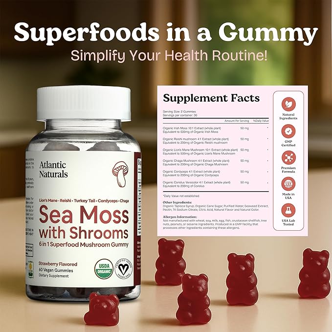 Atlantic Naturals Sea Moss with Mushrooms - Mushroom Gummies Supplement - Organic Superfood with Irish Moss, Lion's Mane, Reishi, Cordyceps, Chaga & Turkey Tail - Focus, Energy, Immune Health - 60 ct