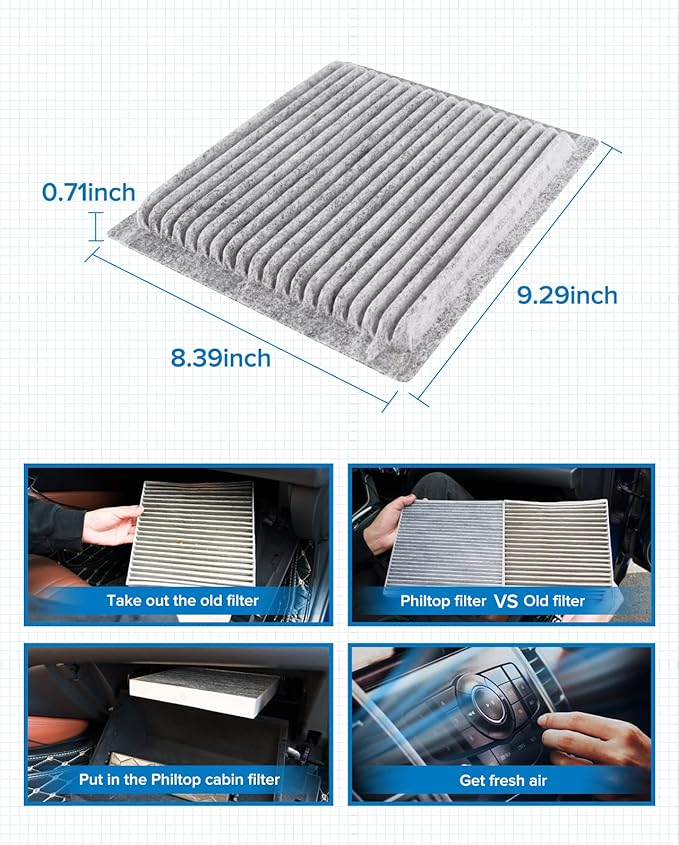 PHILTOP Cabin Air Filter, ACF079 (CF10138) Replacement for IS300 2001-2005, RX300 1999-2003, Highlander 2001-2007 Passenger Compartment Air Filter with Activated Carbon, Filter Up Dust Pollen