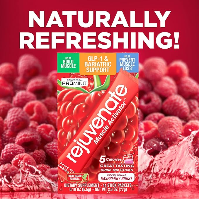 Rejuvenate – 1 Stick Delivers 25g of Whey Protein Equivalency for Muscle Growth & Energy – Essential Amino Blend (EAA + BCAA), GLP-1 & Bariatric Approved, Raspberry Burst, 14 Count
