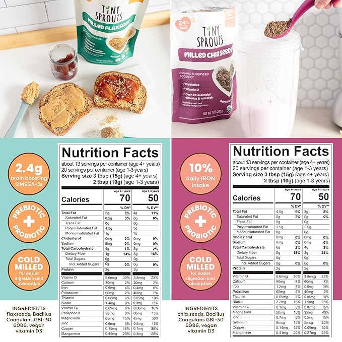 Superseed Variety Pack with Vitamin D + PROBIOTICS, Omega-3s Prebiotic Fiber Protein, Seeds for 6M+ Babies Toddlers & Kids for Immune & Digestive Support (7oz x 4 Pack - Flax, Chia, Hemp, Blend)