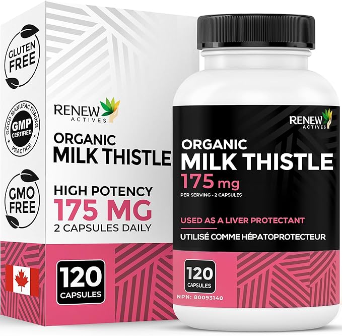 Renew Actives Milk Thistle Capsules 175MG per Serving Organic Seed Extract for Liver Health, Concentrated Silymarin Formula, Antioxidants, & Digestive Wellness – Made in Canada - 120 Capsules