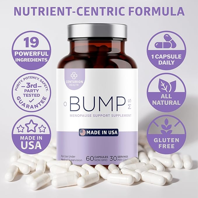 Bump MS, Complete Herbal Menopause Supplement for Women, 19 Powerful Ingredients with Dong Quai, Black Cohosh, Folinic Acid, Methylfolate, Wild Yam, Choline and DHA, 60 Caps