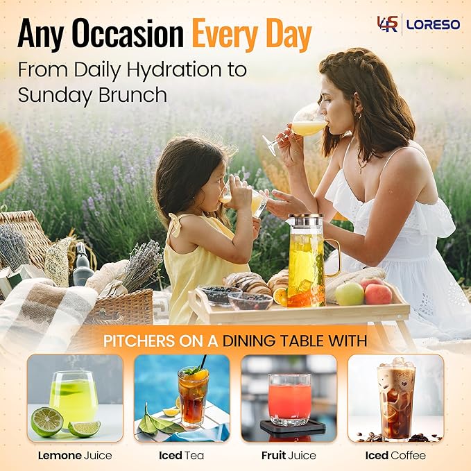 Glass Water Pitcher with Stainless Steel Lid, 2 Pack, 50 oz 1.5L - Borosilicate Glass Jug, Heat Resistant Carafe with Filter, Golden Vintage Design