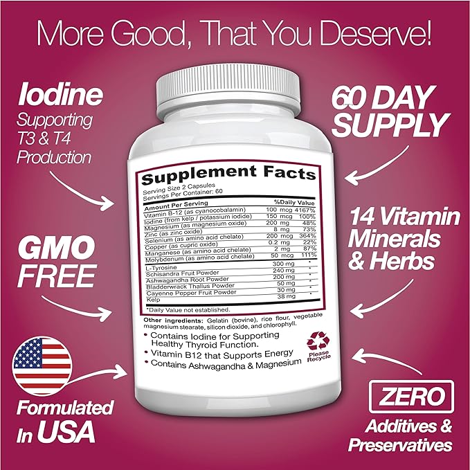Thyroid Support Supplement with Iodine |120 Capsules to Help Body Mass & Improve Energy, Cardiovascular, Energy & Focus Formula | 14 Natural Vitamins
