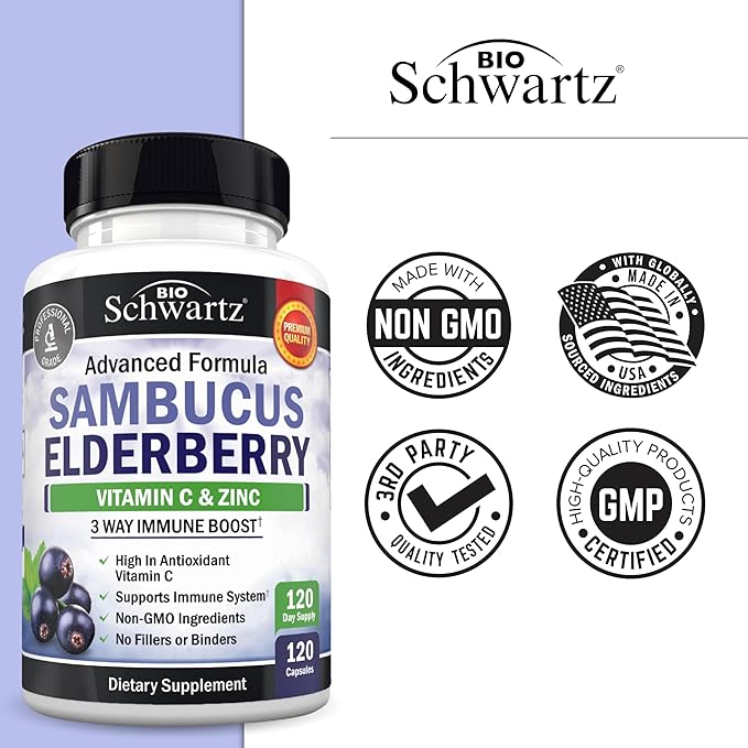 BioSchwartz Elderberry Capsules with Zinc and Vitamin C for Adults - Immune Support Vitamins for Women and Men - Black Sambucus Elderberry Vitamin C and Zinc - Multiminerals Supplement, 120 Count