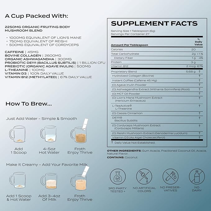 Atlas+ Coffee Superblend– Instant Mushroom Coffee with Lion’s Mane, Reishi, Cordyceps, Ashwagandha, Probiotics, Vitamin D3 & B12– for Energy, Focus, Immunity & Gut Health– 56 Servings (2 Bags)