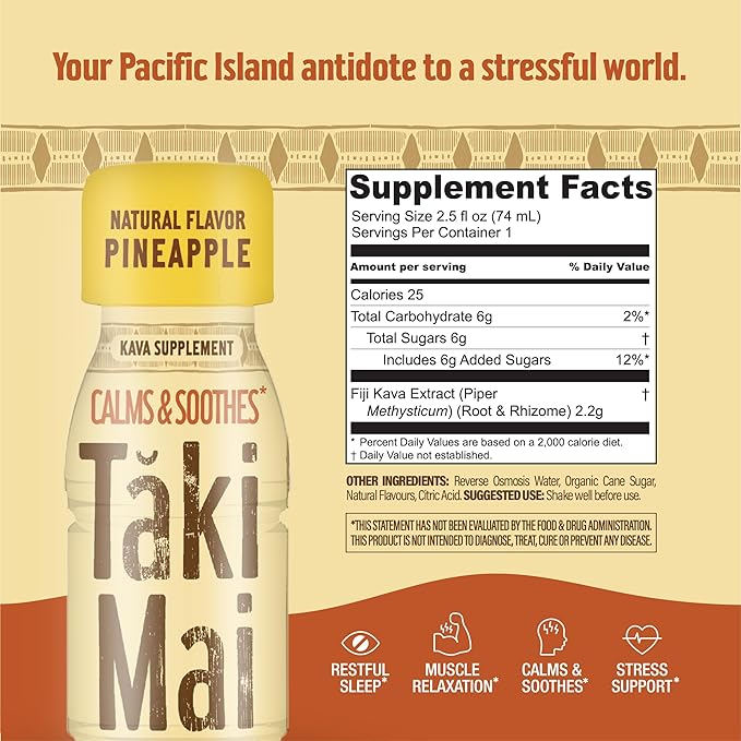 Taki Mai Pineapple Kava Kava 2.5 oz (24-pack) Shots – Noble Kava Root Drink, Ready to Drink for Stress Support & Relaxation, Fast Acting Herbal Support for Calming Better Sleep and Balanced Mood