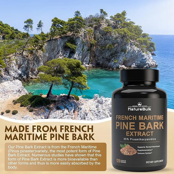 French Maritime Pine Bark Extract 400 mg, 95% Proanthocyanidins - Standardized 30X Extract, 120 Vegan Capsules