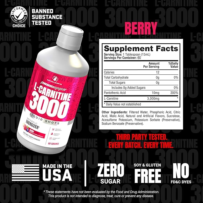 PROSUPPS L-Carnitine Liquid 3000, Stimulant-Free Liquid Shots for Men & Women - Clean Workout Drink for Energy, Performance & Muscle Recovery - No Sugar, No Carbs - 60 Servings, Berry