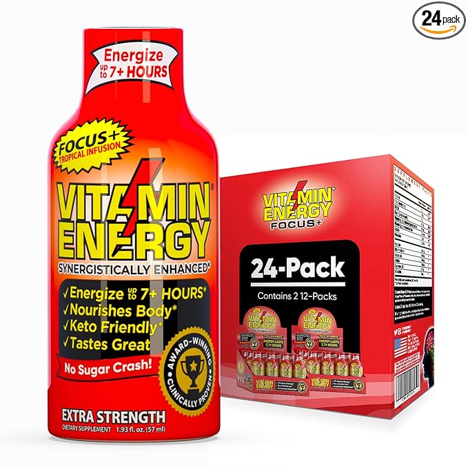 Vitamin Energy Focus+ Extra Strength Daily Energy Shot – Tropical Infusion – 260mg Natural Caffeine, 100% DV B-Vitamins – Focus & Productivity Support – Zero Sugar, Vegan, Kosher – 1.93 fl oz, 24-Pack