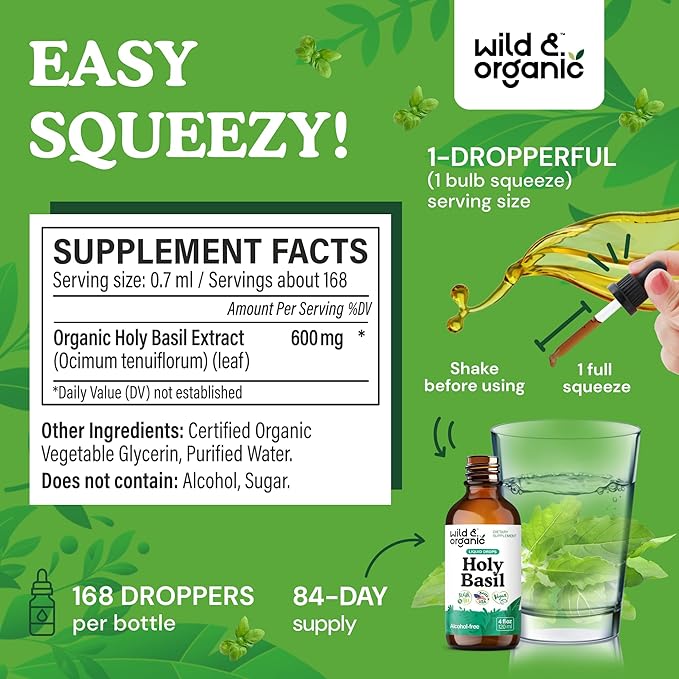 Wild & Organic Holy Basil Tincture - Relaxation & Calmness Support - Liquid Holy Basil Leaf Supplement - Tulsi Drops - Vegan, Sugar & Alcohol-Free Extract - 4 fl oz