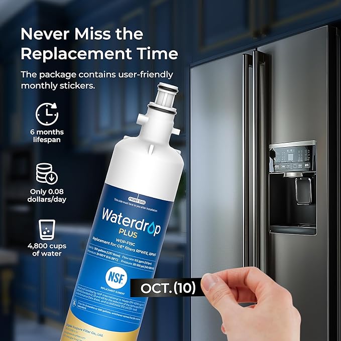 Waterdrop Plus WDP-F19C Replacement for GE® RPWFE®, RPWF (with CHIP) NSF 401 Refrigerator Water Filter, Compatible with GFE28GBLTS, GFE28GSKSS, PFE28KMKES, GFD28GYNFS, GFD28GBLTS, PWE23KYNFS