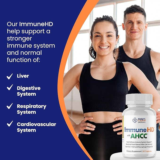 Immune-HD with AHCC Supplement for Immune Support,1500mg of AHCC Mushroom Extract + Olive Leaf & Quercetin with Bromelain, Natural Killer Cell Activity for Immune System, Liver Function, 90 Caps, RBG
