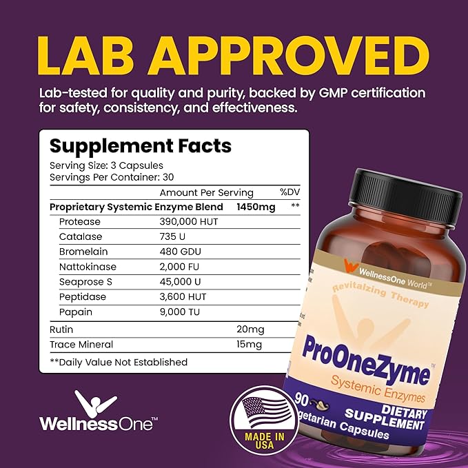 WellnessOne ProOneZyme Digestive Enzymes Supplements - Systemic Proteolytic Enzymes for Digestion, Gut Health, Gas Relief & Bloating - Contains Bromelain, Nattokinase, Protease & More - 90 Capsules
