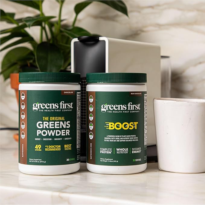 Greens First Boost - Plant-Based Protein & Balanced Nutrition - Superfood Shake Mix - No Wheat or Soy - Dairy-Free - Vegan - French Vanilla, 12.06 oz.