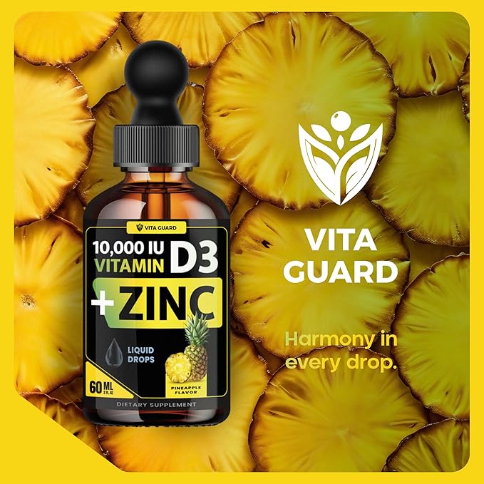 Vitamin D3 Drops with Zinc โ 10,000 IU D3 & 15 mg Zinc Liquid Supplement โ Immune Support for Men & Women โ Sugar-Free Pineapple Flavor โ 30-Day Supply
