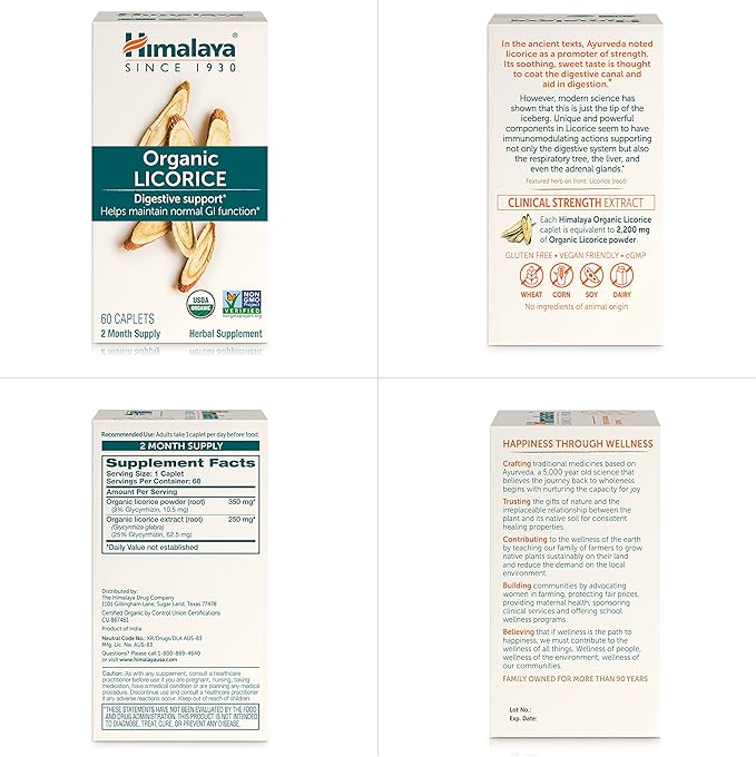 Himalaya Organic Licorice, 120 Day Supply - Digestive Health Supplement for Upset Stomach, Occasional Bloating and Heartburn - USDA Organic, Vegan, Non-GMO, Non-DGL, Gluten Free, 60 Caplets, 2 Pack