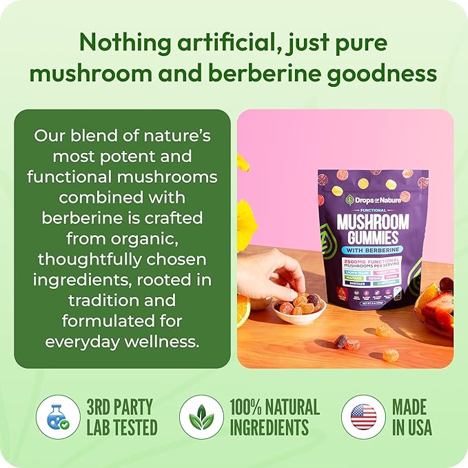 Mushroom Gummies & Berberine Supplement - Lion's Mane, Turkey Tail, Maitake, Reishi, Chaga, Shiitake & Cordyceps - Organic Mushroom Supplement - Boosts Focus & Immune System (Mixed Fruits, 60 Gummies)