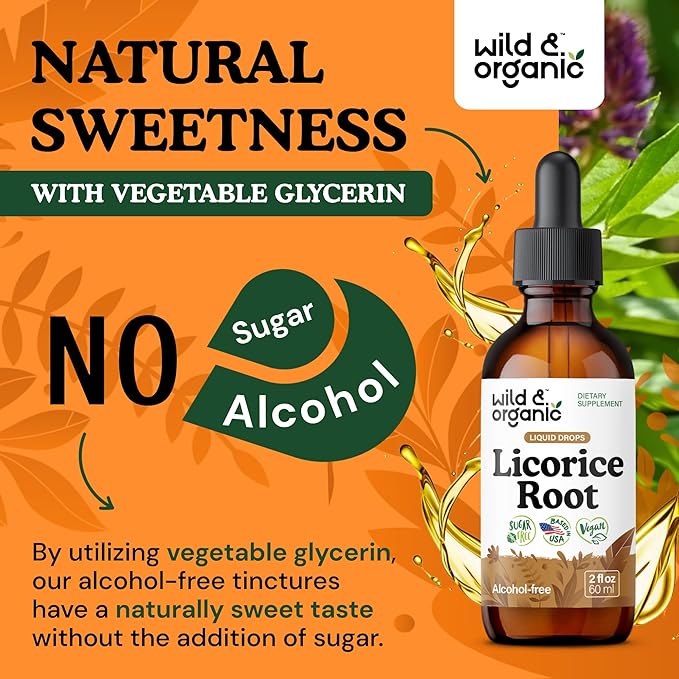 Wild & Organic Licorice Tincture - Digestive Support - Pure Licorice Root Extract Drops - Glycyrrhiza Glabra - Vegan, Sugar & Alcohol-Free Supplement - 2 fl oz