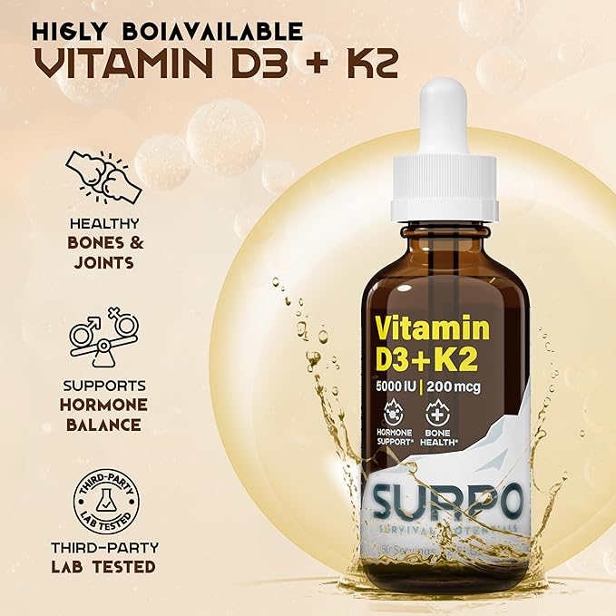 Vitamin D3 + K2 Liquid Drops with Omega 3 Oil - 5000 IU Vitamin D Drops K2 for Hormone Support & Bone Health - Liquid Vitamin D3 with K2 Drops for Maximum Absorption - 2Fl Oz Vitamin K2 D3