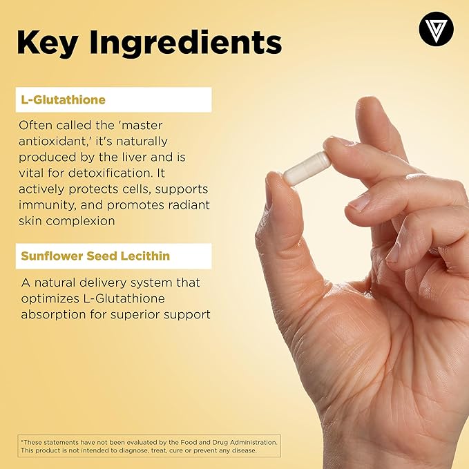 Vital Vitamins Glutathione Supplement - 500mg L-Glutathione per Serving - Made with Liposomal Delivery for Max Absorption - Detox, Immunity, Anti-Aging Support - Non-GMO - 60-Day Supply, 60 Capsules