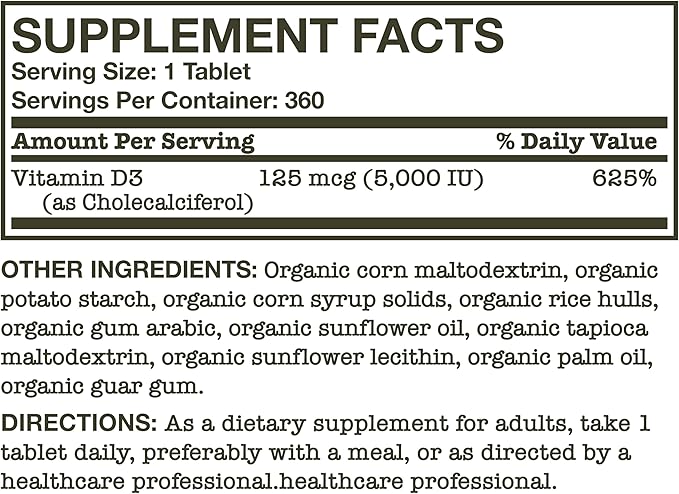 Futurebiotics Vitamin D3 5,000 IU (125 MCG), USDA Certified Organic Vitamin D Supplement, 360 Tablets