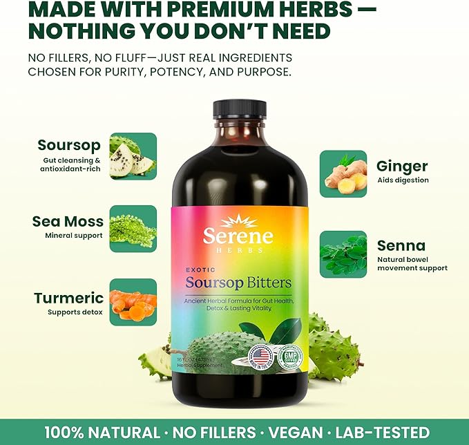 Soursop Bitters Liquid - Organic Herbal Sour SOP Guanabana Detox with Black Seed, Moringa & Ginger - Supports Digestive Wellness & Immune Function - 16 fl oz