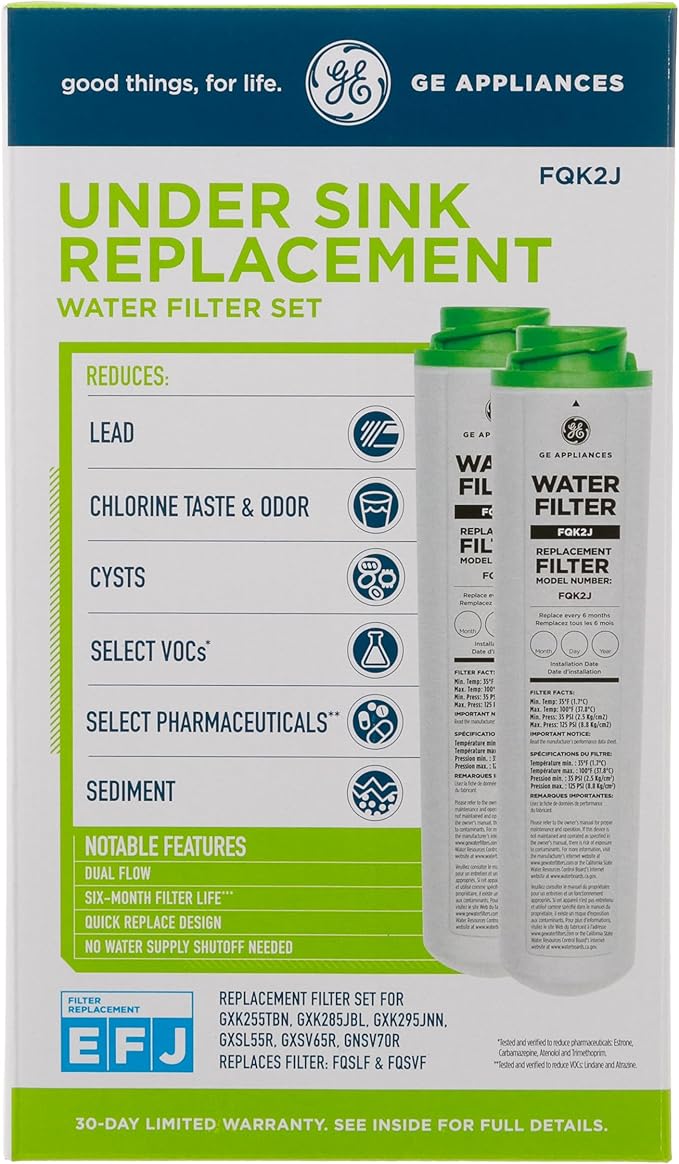 GE Under Sink Water Filter Replacement, Dual Flow, Reduces Sediment, Rust & Other Impurities from Water, Fits GXK255TBN Under Sink Filtration System, Replace Every 6 Months, FQK2J, 2 Filters