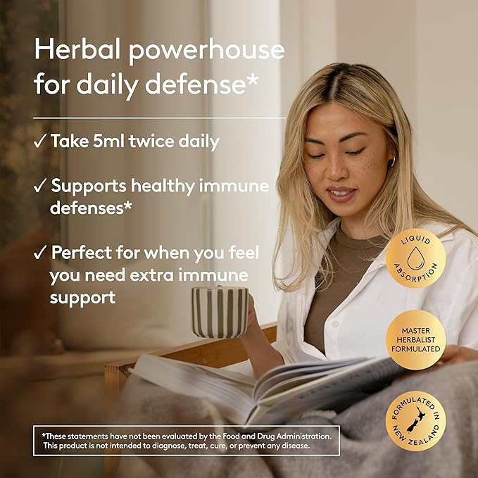 Immune + Wellbeing, Herbal Immune Support Syrup, with Elderberry, Echinacea & Olive Leaf, Liquid Absorption, Great Tasting Wild Berry Flavor, Alcohol-Free, Plant-Based, 6.7 fl oz
