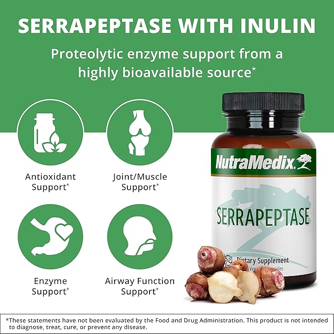 NutraMedix Serrapeptase Supplement with Proteolytic Digestive Enzymes for Women & Men - Inulin Prebiotic Fiber for Gut Health & Joint Support - Dairy, Soy & Gluten-Free (120 Capsules)