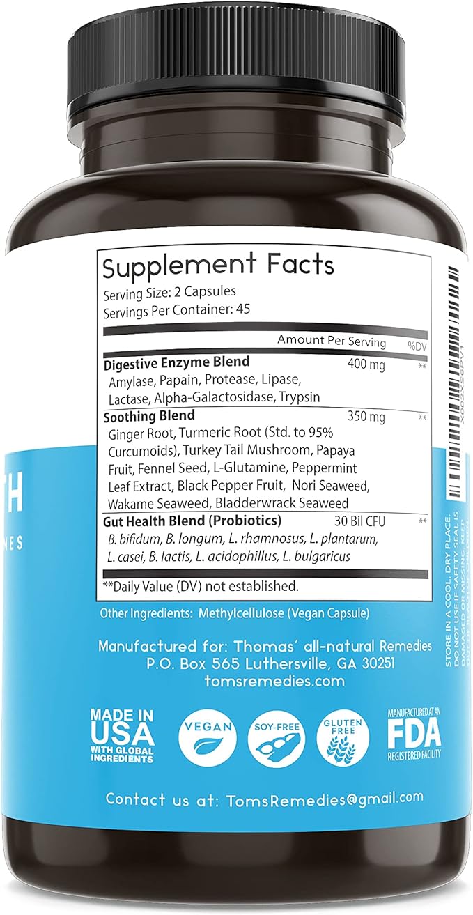 Thomas' all-natural Remedies Gut Health with Digestive Enzymes, Probiotics, Ginger, Papaya, and Turmeric for Digestion and Bloating Relieve
