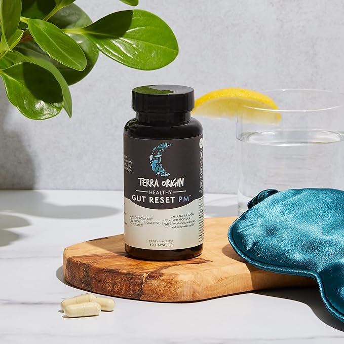 TERRA ORIGIN Healthy Gut Reset PM | 60 Veggie Capsules | Natural Sleep Aid Supplement for Sleep & Wake Cycles | GABA, L-Tryptophan, Melatonin, L-Glutamine, Licorice Root, Slippery Elm Root